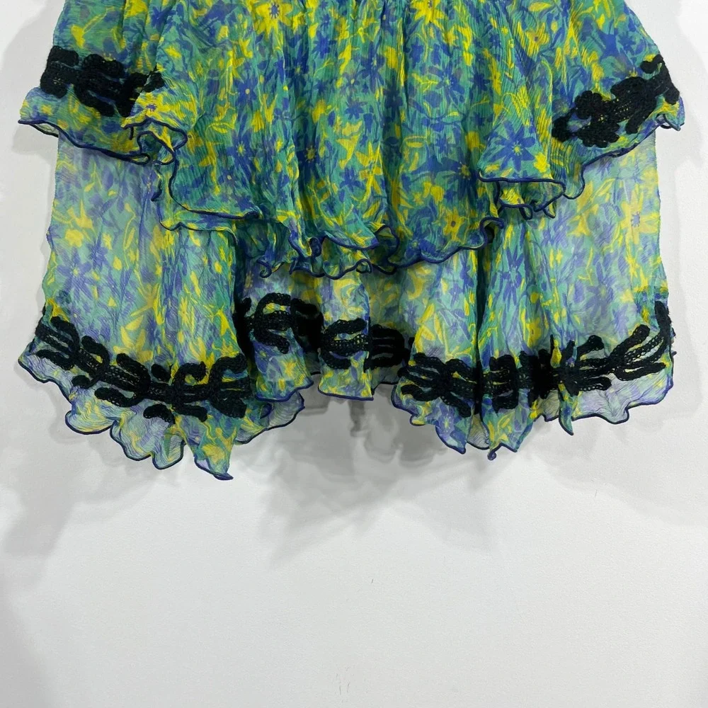Poupette St Barth Silk Blend Floral Tiered Smocked Mini Skirt Size 0 Lettuce Hem